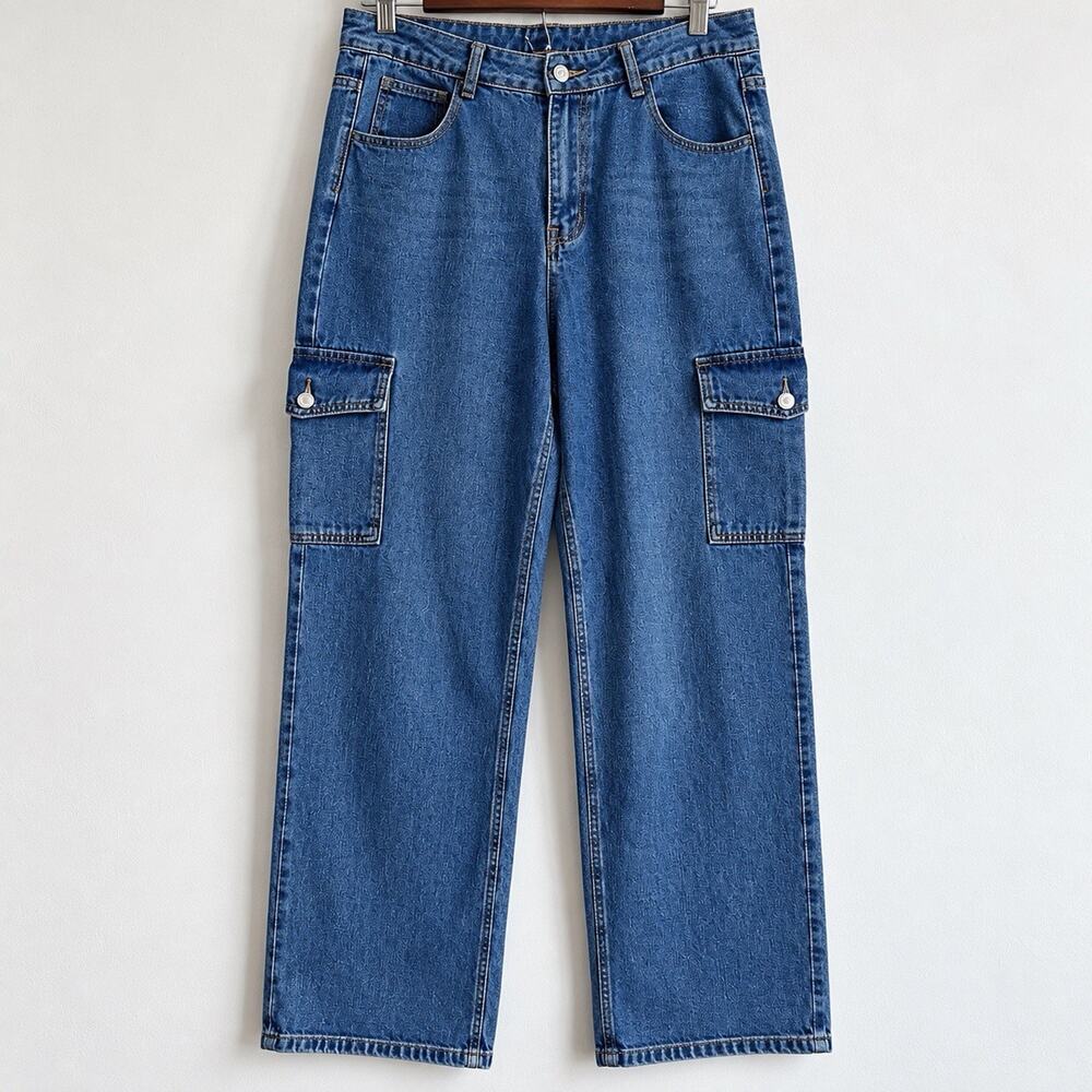 Womens Blue Denim Cargo Jeans Wide Leg Utility Pants Flap Pockets L/30 SHEIN
